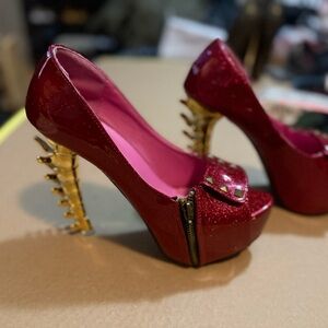 Glamorous Red Glitter Heels with Gold Spiked Heels